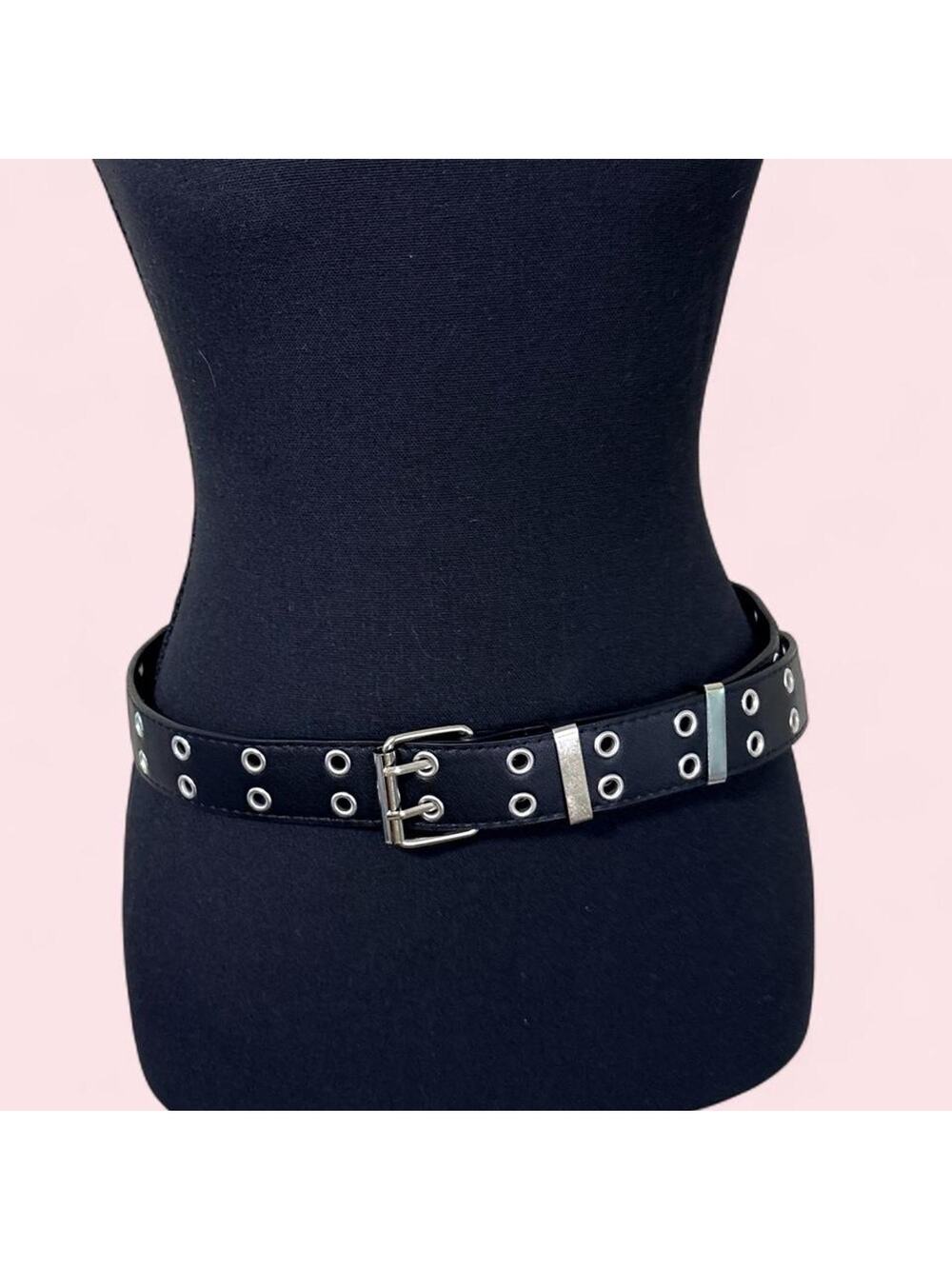 Black double-grommet belt with silver-tone hardware grunge punk edgy goth emo